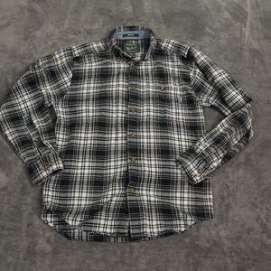 Woolrich ‎ Shirt Mens Small Black White Plaid Trout Run Flannel Camp Cabincore
